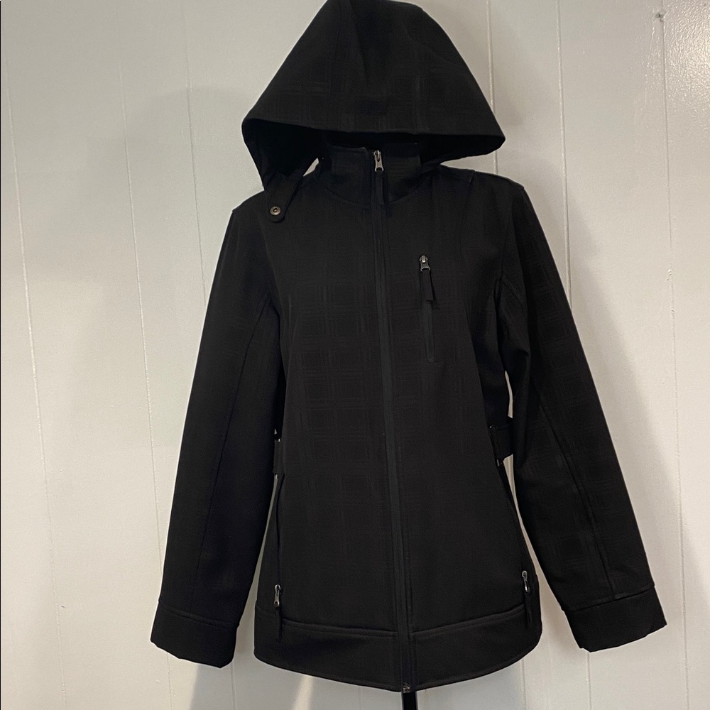 Free Country Jacket Moto Faux Fur Fleece Lined Black Monochrome Plaid Size Large